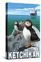 Puffins & Cruise Ship, Ketchikan, Alaska-Lantern Press-Stretched Canvas