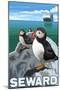 Puffins & Cruise Ship, Seward, Alaska-Lantern Press-Mounted Art Print