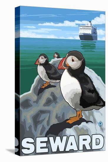 Puffins & Cruise Ship, Seward, Alaska-Lantern Press-Stretched Canvas