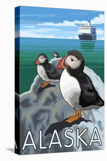 Puffins Watching a Cruise Ship, Alaska-Lantern Press-Stretched Canvas