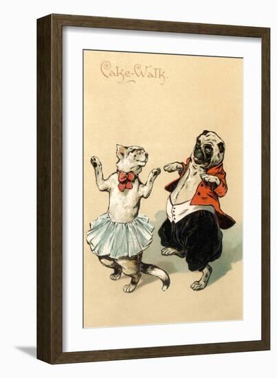 Pug and Cat Dancing the Cake Walk-null-Framed Art Print