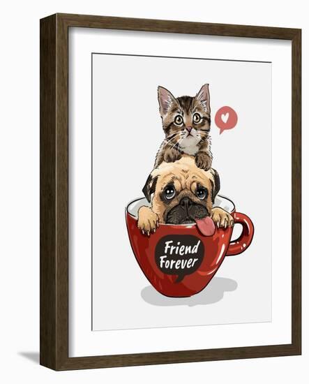 Pug Dog and Little Kitten in Red Coffee Cup Illustration-null-Framed Art Print