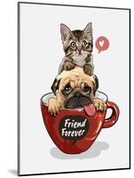 Pug Dog and Little Kitten in Red Coffee Cup Illustration-null-Mounted Art Print
