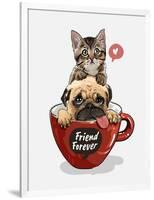 Pug Dog and Little Kitten in Red Coffee Cup Illustration-null-Framed Art Print