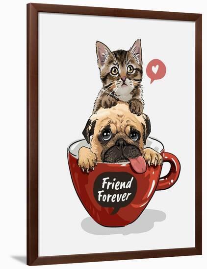 Pug Dog and Little Kitten in Red Coffee Cup Illustration-null-Framed Art Print