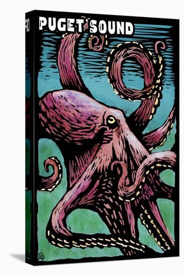 Puget Sound, Washington - Octopus - Scratchboard-Lantern Press-Stretched Canvas