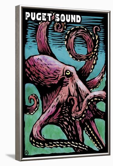 Puget Sound, Washington - Octopus - Scratchboard-Lantern Press-Framed Art Print