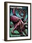 Puget Sound, Washington - Octopus - Scratchboard-Lantern Press-Framed Art Print