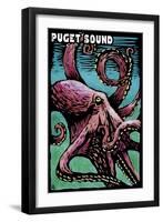 Puget Sound, Washington - Octopus - Scratchboard-Lantern Press-Framed Art Print