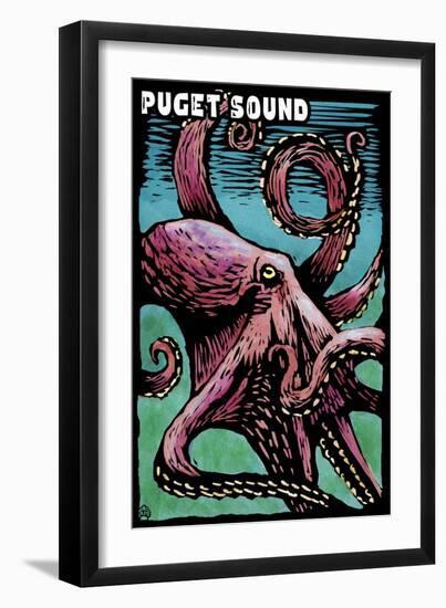 Puget Sound, Washington - Octopus - Scratchboard-Lantern Press-Framed Art Print