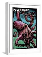 Puget Sound, Washington - Octopus - Scratchboard-Lantern Press-Framed Art Print