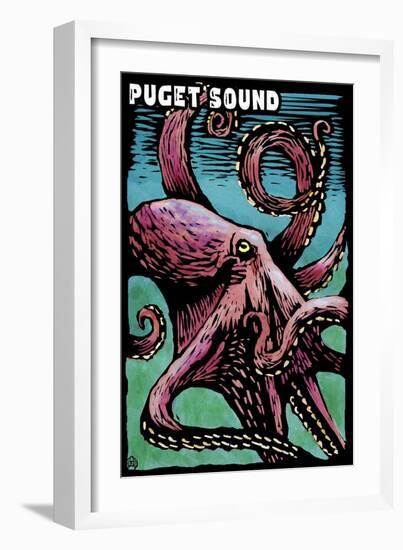 Puget Sound, Washington - Octopus - Scratchboard-Lantern Press-Framed Art Print