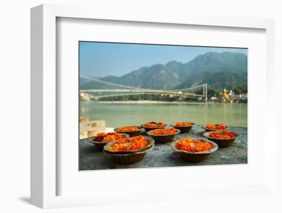 Puja Flowers Offering for the Ganges River in Rishikesh, India-mazzzur-Framed Photographic Print