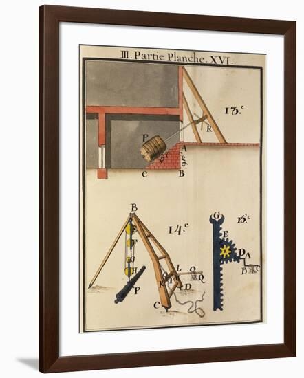 Pulleys and Hydraulic Ram from Compendium of Mechanics, by Joseph Sauveur (1653-1716),-null-Framed Giclee Print