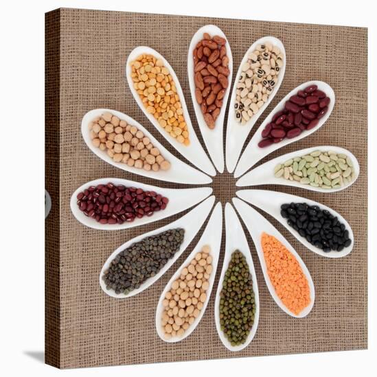 Pulses Vegetable Selection of Peas, Beans and Lentils in White Porcelain Bowls-marilyna-Stretched Canvas