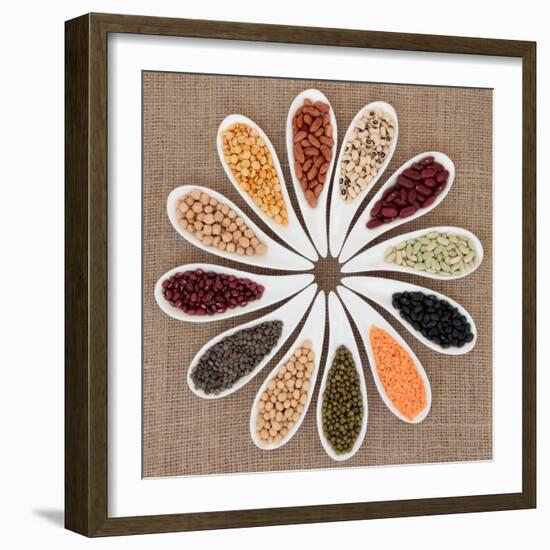 Pulses Vegetable Selection of Peas, Beans and Lentils in White Porcelain Bowls-marilyna-Framed Photographic Print