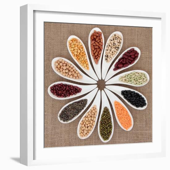 Pulses Vegetable Selection of Peas, Beans and Lentils in White Porcelain Bowls-marilyna-Framed Photographic Print