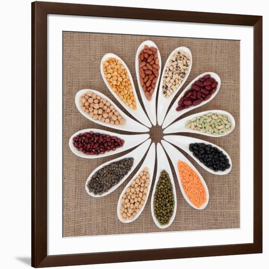 Pulses Vegetable Selection of Peas, Beans and Lentils in White Porcelain Bowls-marilyna-Framed Photographic Print