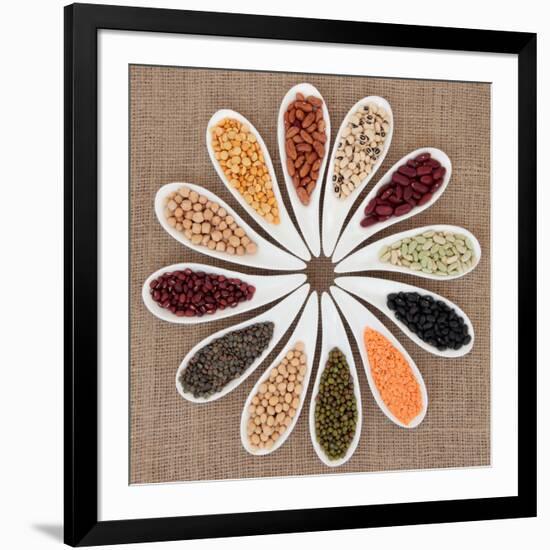 Pulses Vegetable Selection of Peas, Beans and Lentils in White Porcelain Bowls-marilyna-Framed Photographic Print