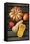 Pumpkin, Butternut- and Hokkaido Squashes on Wooden Background-Fotos mit Geschmack-Framed Stretched Canvas