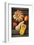 Pumpkin, Butternut- and Hokkaido Squashes on Wooden Background-Fotos mit Geschmack-Framed Photographic Print