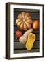 Pumpkin, Butternut- and Hokkaido Squashes on Wooden Background-Fotos mit Geschmack-Framed Photographic Print