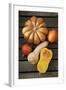 Pumpkin, Butternut- and Hokkaido Squashes on Wooden Background-Fotos mit Geschmack-Framed Photographic Print