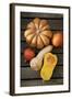 Pumpkin, Butternut- and Hokkaido Squashes on Wooden Background-Fotos mit Geschmack-Framed Photographic Print