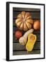 Pumpkin, Butternut- and Hokkaido Squashes on Wooden Background-Fotos mit Geschmack-Framed Photographic Print