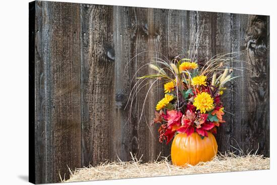 Pumpkin Flower Arrangement on Hay-krisrobin-Stretched Canvas