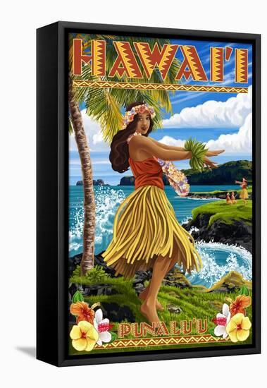 Punaluu, Hawaii - Hula Girl on Coast-Lantern Press-Framed Stretched Canvas