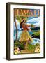 Punaluu, Hawaii - Hula Girl on Coast-Lantern Press-Framed Art Print