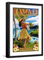 Punaluu, Hawaii - Hula Girl on Coast-Lantern Press-Framed Art Print