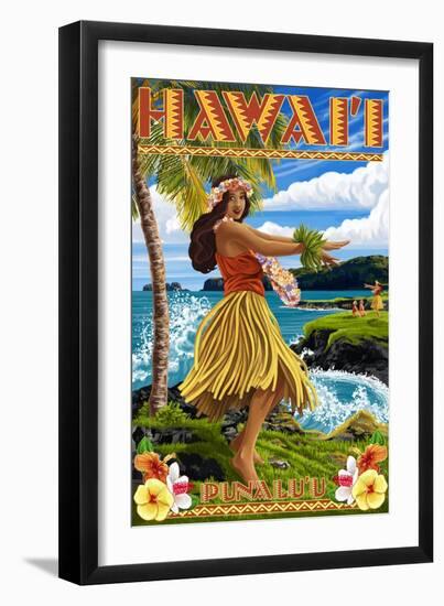 Punaluu, Hawaii - Hula Girl on Coast-Lantern Press-Framed Art Print