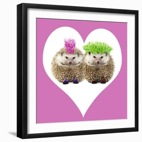 Punk Girl and Boy Hedgehog in Pink Heart Shaped Frame-null-Framed Photographic Print