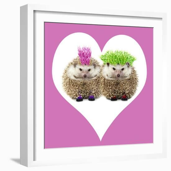 Punk Girl and Boy Hedgehog in Pink Heart Shaped Frame-null-Framed Photographic Print