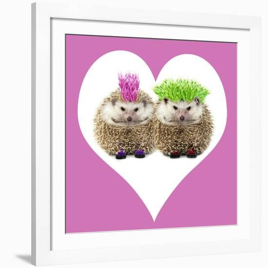 Punk Girl and Boy Hedgehog in Pink Heart Shaped Frame-null-Framed Photographic Print