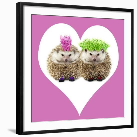 Punk Girl and Boy Hedgehog in Pink Heart Shaped Frame-null-Framed Photographic Print