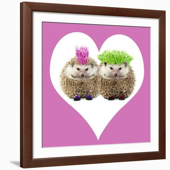 Punk Girl and Boy Hedgehog in Pink Heart Shaped Frame-null-Framed Photographic Print