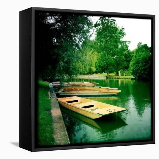 Punts Moored by River Bank, Cambridge, Cambridgeshire, Uk-Craig Roberts-Framed Stretched Canvas