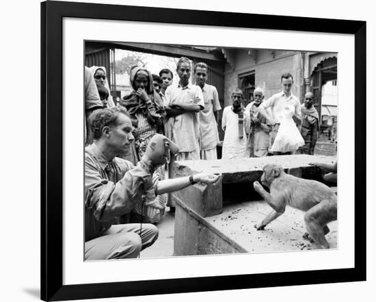 Puppeteer Bil Baird playing with a monkey, March 1962.-James Burke-Framed Premium Photographic Print