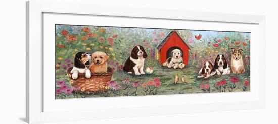 Puppies and Doghouse Border-Judy Mastrangelo-Framed Giclee Print