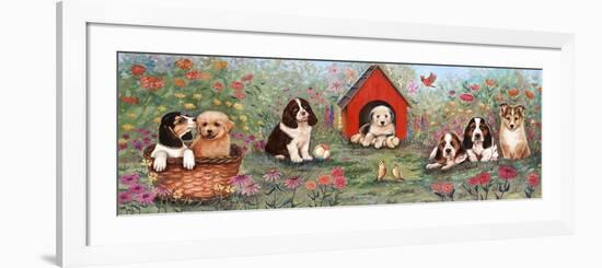 Puppies and Doghouse Border-Judy Mastrangelo-Framed Premium Giclee Print