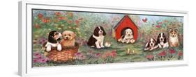 Puppies and Doghouse Border-Judy Mastrangelo-Framed Premium Giclee Print