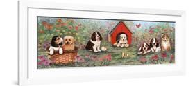 Puppies and Doghouse Border-Judy Mastrangelo-Framed Giclee Print