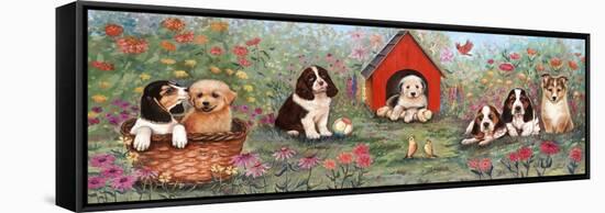 Puppies and Doghouse Border-Judy Mastrangelo-Framed Stretched Canvas