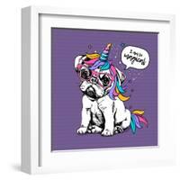 Puppy Bulldog in a Bright Colored Costume of a Unicorn: Wig, Horn and Tail. Vector Illustration. I-null-Framed Art Print