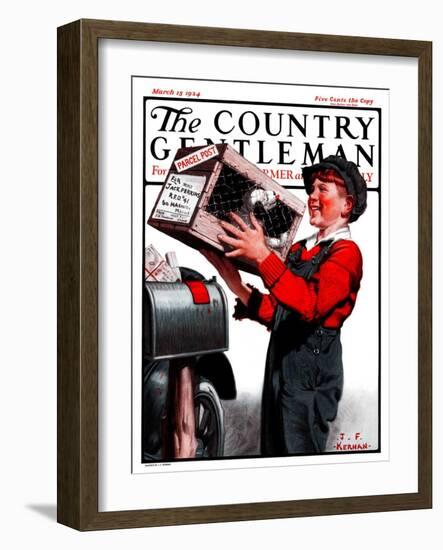 "Puppy by Parcel Post," Country Gentleman Cover, March 15, 1924-J.F. Kernan-Framed Giclee Print