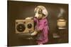 Puppy in Apron with Radio Receiver-null-Stretched Canvas