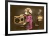 Puppy in Apron with Radio Receiver-null-Framed Premium Giclee Print